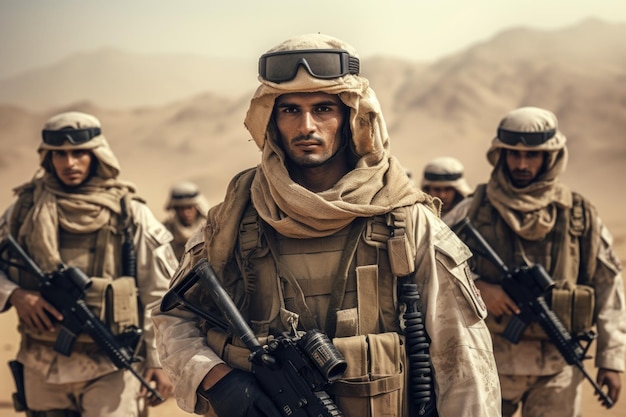Photo a group of soldiers walking in the desert this image can be used to depict military operations desert warfare or teamwork in challenging environments