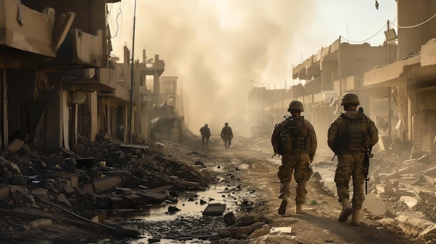 Group of soldiers walking down a dirty street