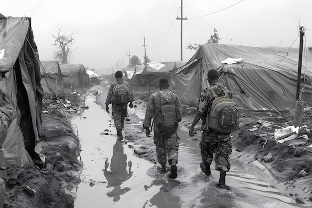 Photo group of soldiers walking down a muddy road