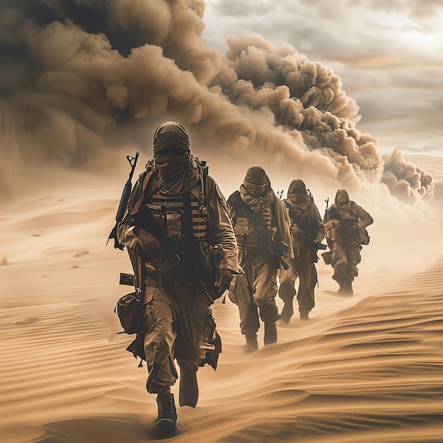 Photo a group of soldiers walking through sand with a cloud of smoke behind them