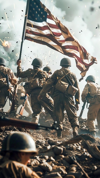 a group of soldiers with the american flag in the background