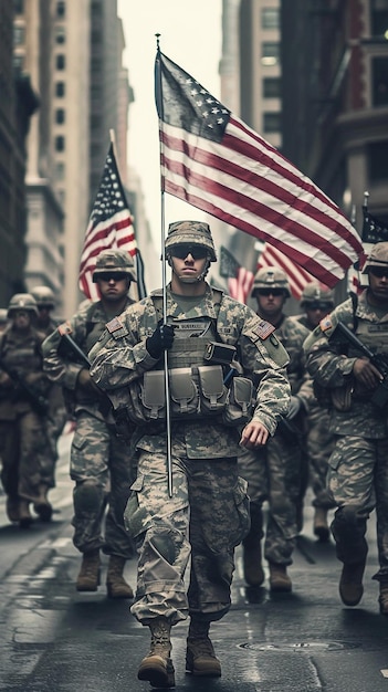 a group of soldiers with a flag in the background