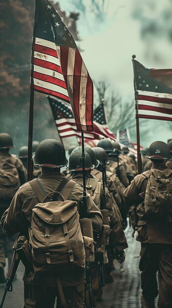 Photo a group of soldiers with flags and the words  the last  on the back of them