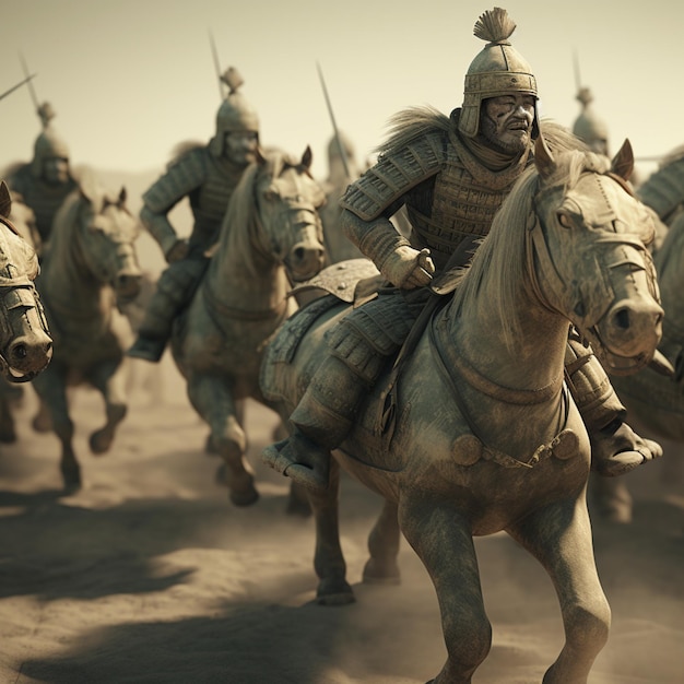 A group of soldiers with helmets and armour on horses