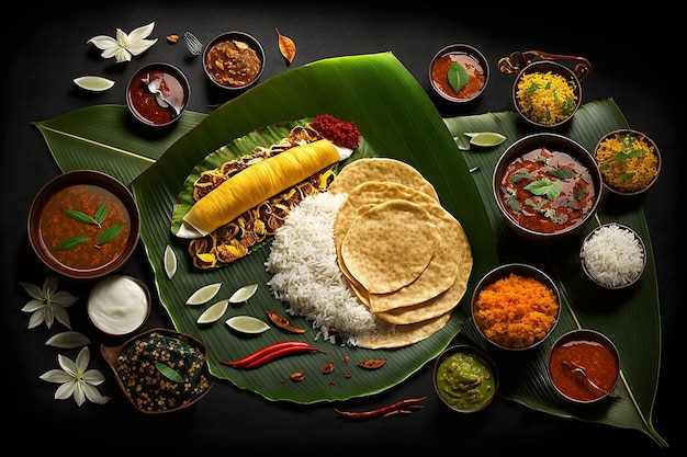 Photo group of south indian dishes served on banana leaves with colorful chutneys dark black background generative ai