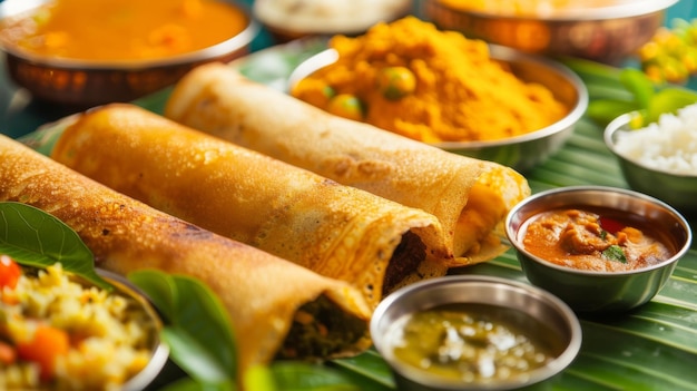 Group of South Indian food like Masala Dosa Uttapam Idliidly Wadavada sambar appam semolina halwa upma served over banana