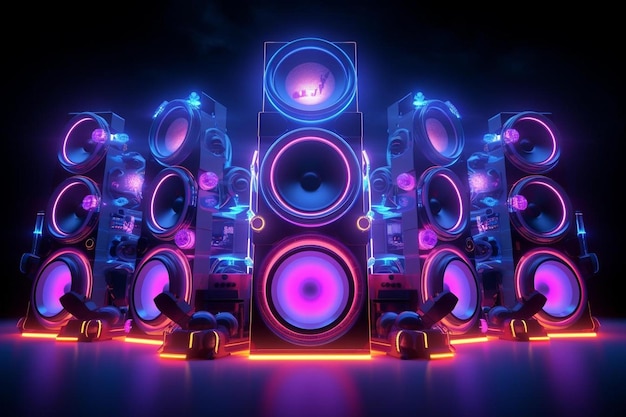 a group of speakers with neon lights on them