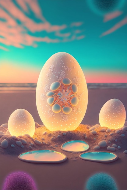 Group of spheres sitting on top of a sandy beach generative ai
