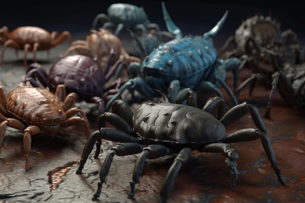 A group of spiders are on a table.