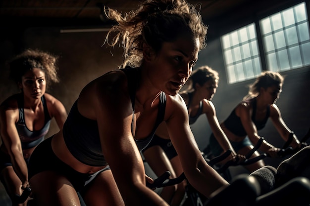 Group of sport women on gym bicycle Fitness cardio spinning class training indoor biking Generate ai