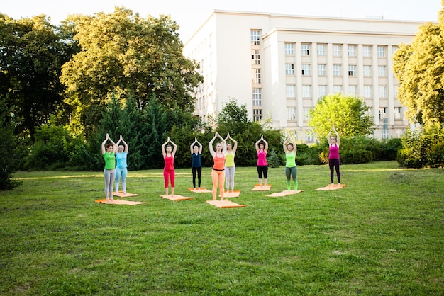 Group of sporty attractive young women practicing yoga on a nature