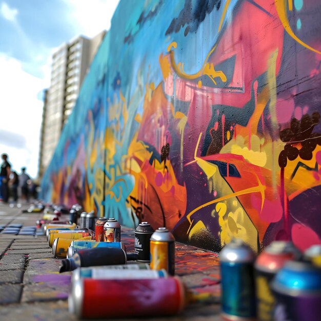 a group of spray paint cans sitting on the side of a wall