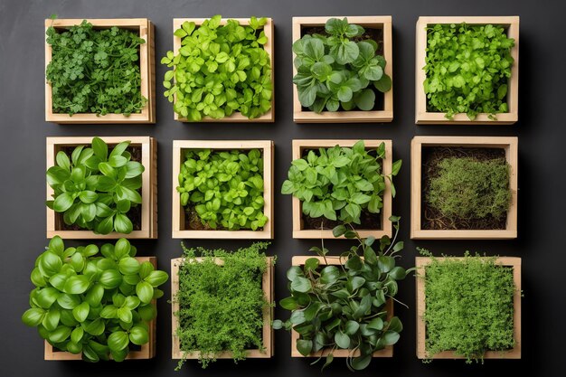 a group of square boxes with plants in them