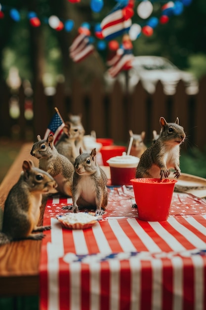 A group of squirrels sitting at a table with plates of food Generative AI image