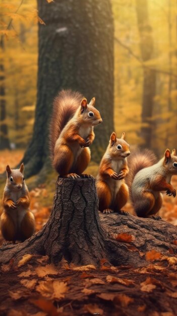 A group of squirrels stand on a stump in a forest