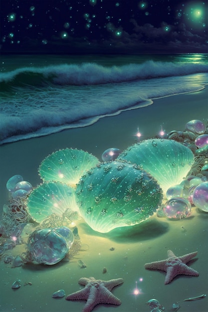 Группа морских звезд, сидящих на вершине песчаного пляжа Generative Ai