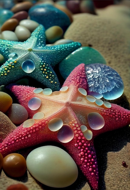 Group of starfishs sitting on top of a sandy beach generative ai