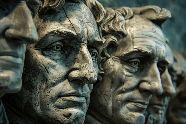 A group of statues of men with different facial expressions