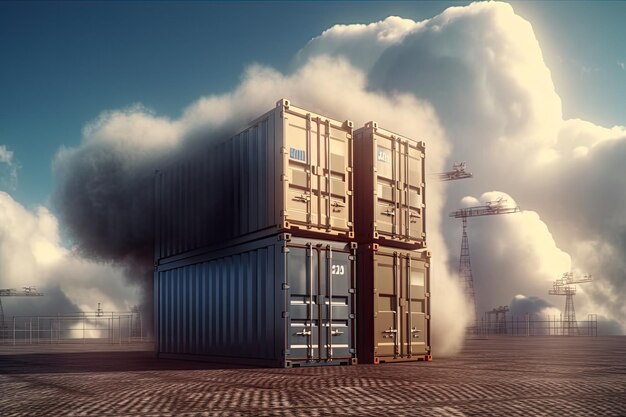 A group of steel cargo containers stacked together representing global shipping and freight transportation industry Ai generative