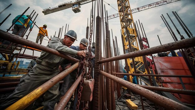 A group of steel rod tight by chain and lift up at construction site