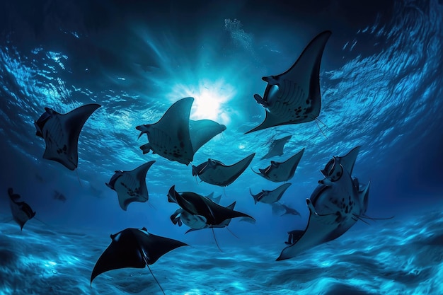 Photo a group of stingfish gracefully swimming together in their natural ocean habitat a stunning display of manta rays dancing in the moonlight above the oceanas surface ai generated