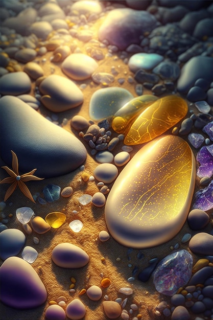 Group of stones sitting on top of a sandy beach generative ai