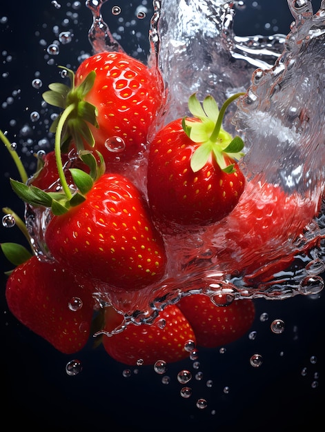 a group of strawberries falling into water