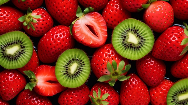 a group of strawberries and kiwi