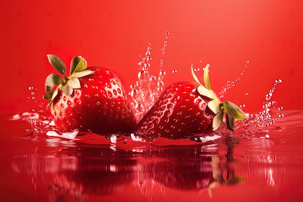 a group of strawberries splashing into strawberry juice