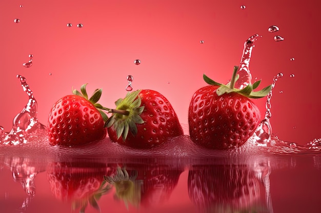 a group of strawberries splashing into strawberry juice