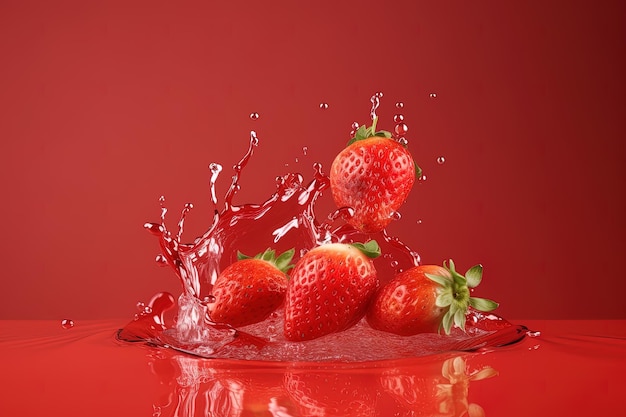 a group of strawberries splashing into strawberry juice