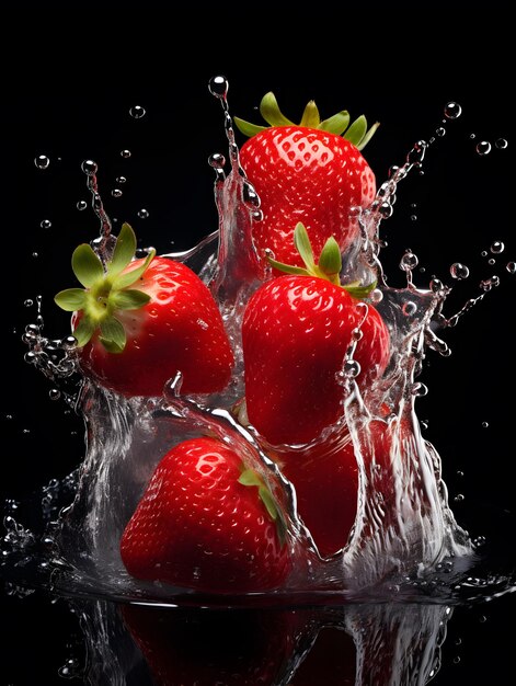 a group of strawberries splashing water