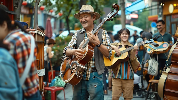 Photo a group of street musicians playing music on a busy street