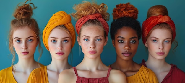 Foto gruppo di donne forti e indipendenti in piedi insieme in uno studio donne diverse che guardano la telecamera