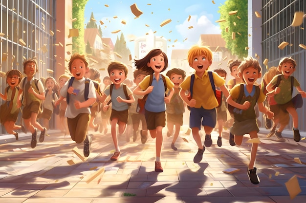 A group of student children running down a street back to school concept