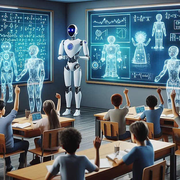 a group of students in a classroom with a blackboard with the words  robot  on it