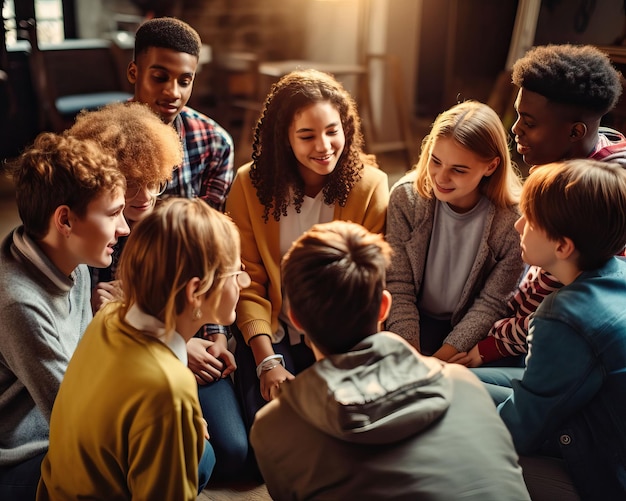 A group of students huddled together in a circle engaged in a lively discussion