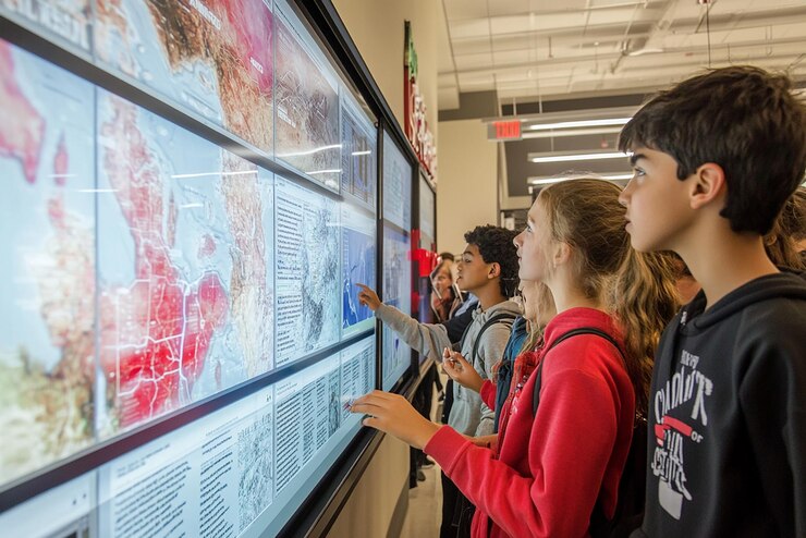Group of Students Interacting with Digital Display