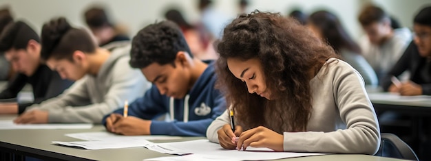 Foto un gruppo di studenti sta sostenendo gli esami su un argomento nella classe creato con la tecnologia di intelligenza artificiale generativa