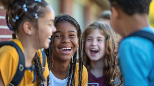 A group of students laughing and chatting during recess