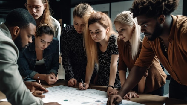 A group of students looking at a blueprint