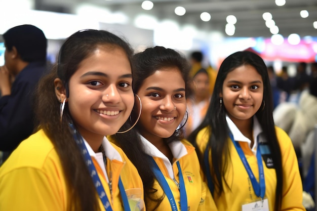 A group of students pose for a photo in a conference hall