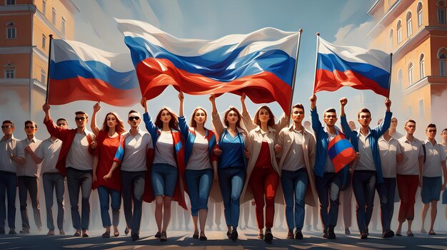 A group of students proudly waving French flags during Bastille Day celebrations