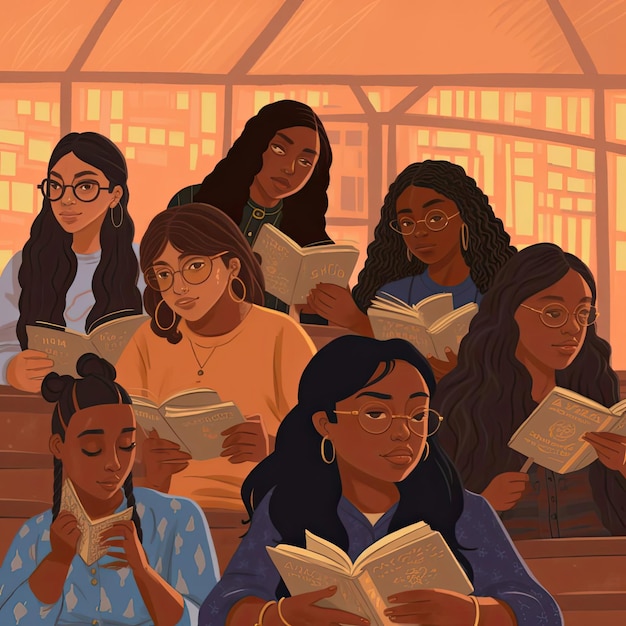 만화 스타일의 도서관 벡터 삽화에서 책을 읽는 학생들의 그룹