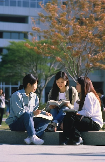 한 무리의 학생들이 벤치에 앉아 있고 그 중 한 명이 책을 읽고 있습니다.