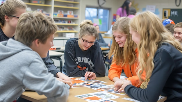 A group of students sitting around a table in a classroom looking at pictures and smiling