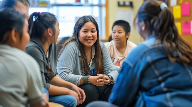 Photo a group of students sitting in a circle talking and smiling