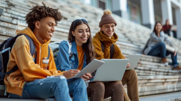 Photo a group of students sitting on steps with one of them holding a tablet