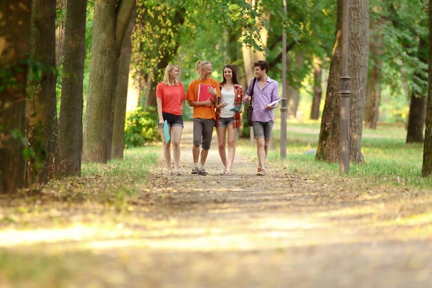 Group of students talking standing on the alley in the Park