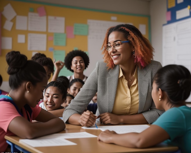 Group of students and a teacher inside the classroom studying